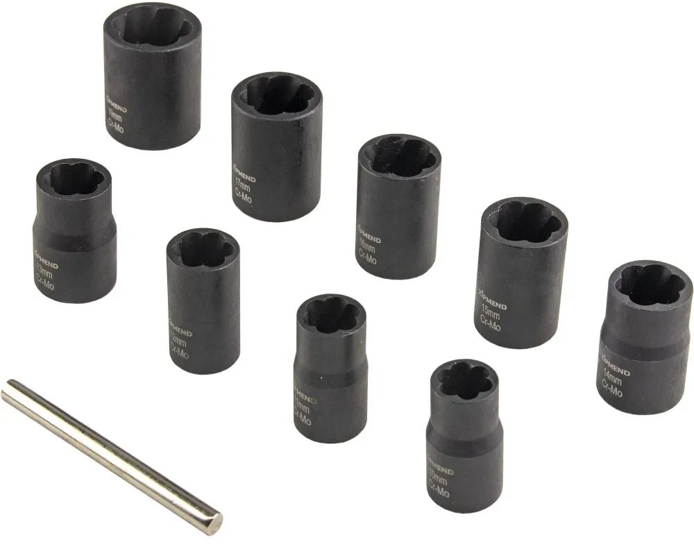 Набор головок экстракторов для поврежденного болтов и гаек 3/8», (10–17, 19мм), 10 предметов, ZIPMEND